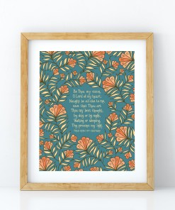 Hymn art print — Be Thou My Vision wall art hand lettered and printed on a deep teal background with orange, peach, and cream floral detailing