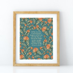 Hymn art print — Be Thou My Vision wall art hand lettered and printed on a deep teal background with orange, peach, and cream floral detailing