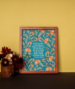 Hymn Art Prints — Hymn art print — Be Thou My Vision wall art hand lettered and printed on a deep teal background with orange, peach, and cream floral detailing, pictured in a wooden frame