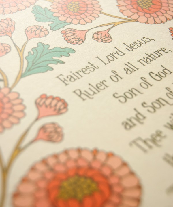 Hand-lettered text detail of Fairest Lord Jesus wall art — a Christian art print showcasing hand-lettered hymn text surrounded by floral design in shades of pink, light orange and green