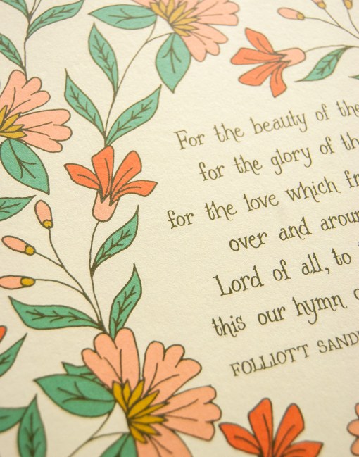 Floral detail of Artwork of the hymn, For the Beauty of the Earth — Christian artwork for the home that features hand-lettered hymn text surrounded by floral design in pink, yellow, light red, and green