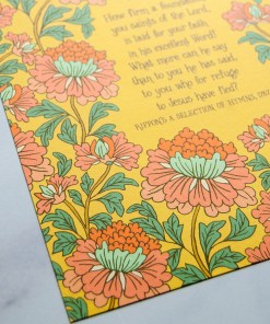 Floral detail of How Firm a Foundation art print — Christian wall decor displaying the hymn text on a mustard background surrounded by a floral design using light red, light blue and green