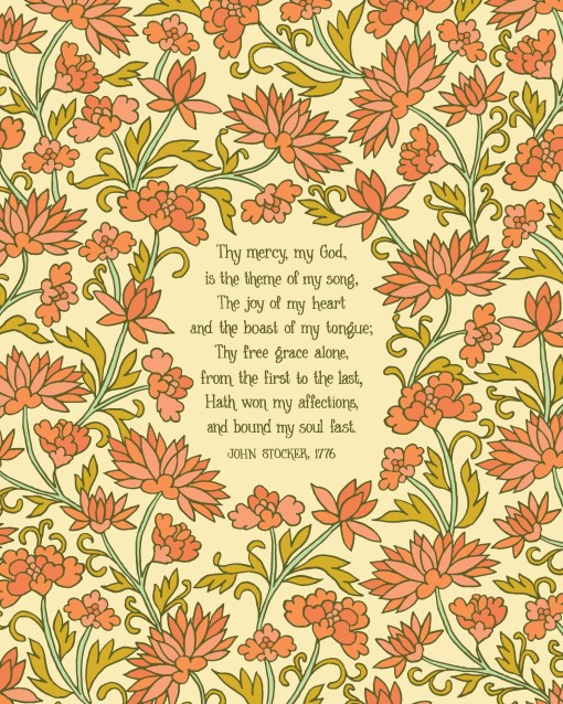 Flat print image of Thy Mercy My God art print, featuring hand lettered text on a cream background with hand illustrated floral detail in shades of orange, pink, gold, and green — Christian home decor wall art ready to be displayed