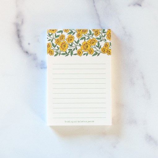 Be Still My Soul hymn notepad with yellow floral illustration and lines for writing