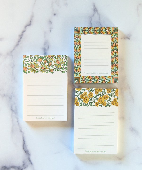 Three hymn notepads with floral illustration, brief text from beloved hymns, and lines for writing.