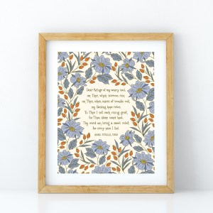 dear refuge of my weary soul artwork with beautiful floral in periwinkle, pictured in a frame