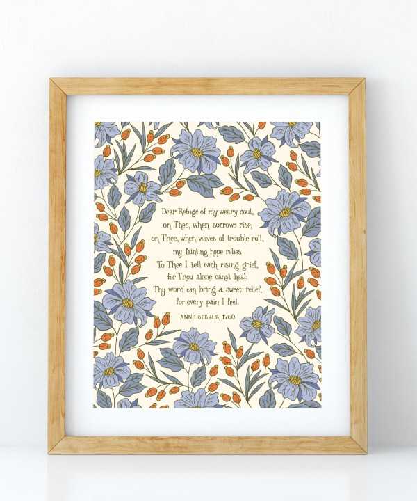 dear refuge of my weary soul artwork with beautiful floral in periwinkle, pictured in a frame