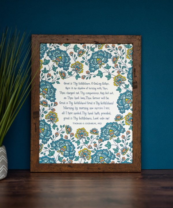 Great is Thy Faithfulness hymn wall art print 11x14 with blue floral on a cream styled with a dark frame displayed alongside a potted plant
