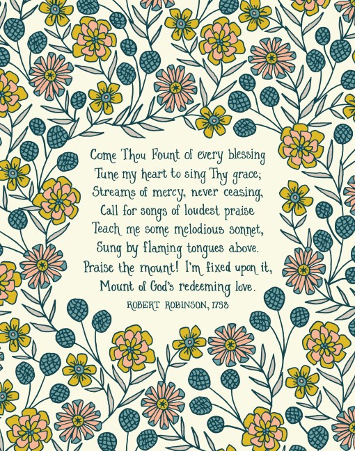 Come Thou Fount hymn art print wall art — an 11x14 Christian picture for your wall featuring delicate blue and pink floral surrounding the handwritten font flat image