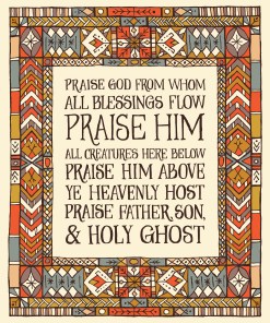 Doxology hymn art print — an 11x14 print showcasing hand-lettered text printed on a muted blue, red, and yellow stained glass border around dark text
