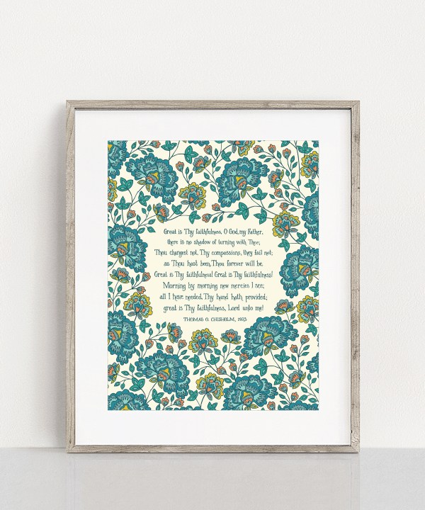 Great is thy faithfulness hymn art print — 11x14 wall art with blue floral on a cream background framed in a light wood frame