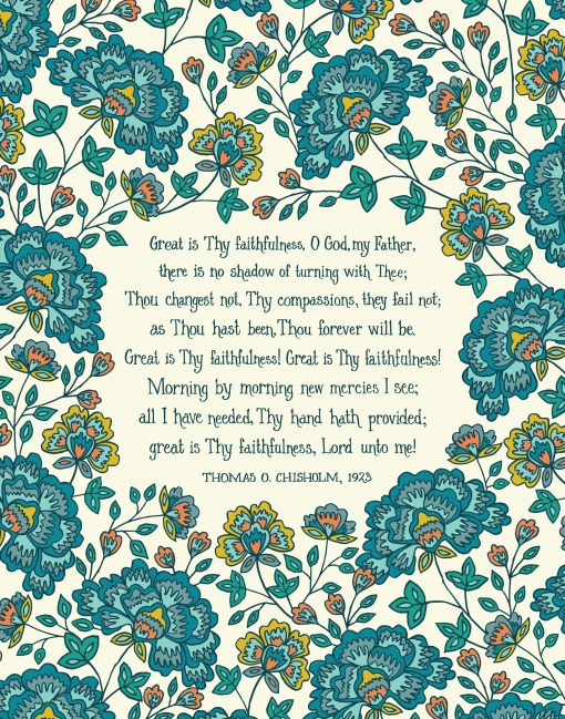 Great is Thy Faithfulness i.e. Morning by Morning New Mercies I See hymn art print 11x14 with blue floral on a cream background flat image