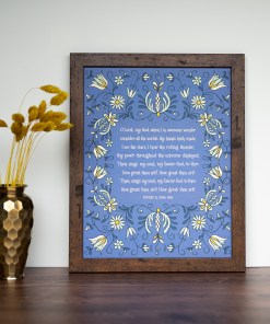 How Great Thou Art hymn wall art — an 11x14 print on a blue background with yellow and green floral styled with a dark wood frame and flowers.