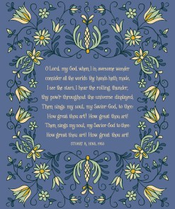 How great thou art artwork printed into hymn wall art i.e. an 8x10 hymn art print with navy background and cream and green floral flat image