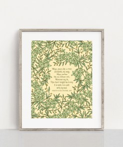 It is Well 11x14 Hymn Art Print light green floral surrounding the hand written hymn on a cream background in a light colored frame