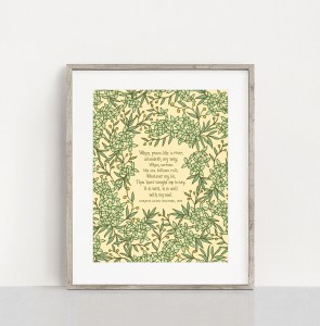 It is Well With My Soul 11x14 Hymn Art Print light green floral surrounding the hand written hymn on a cream background in a light colored frame — perfect Christian wall art for a living room