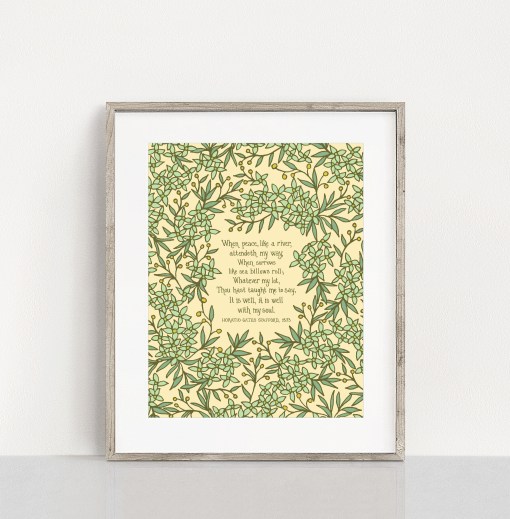 It is Well With My Soul 11x14 Hymn Art Print light green floral surrounding the hand written hymn on a cream background in a light colored frame — perfect Christian wall art for a living room