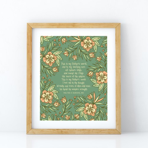 This is my father's world art print wall art with muted green and pink floral in oak frame