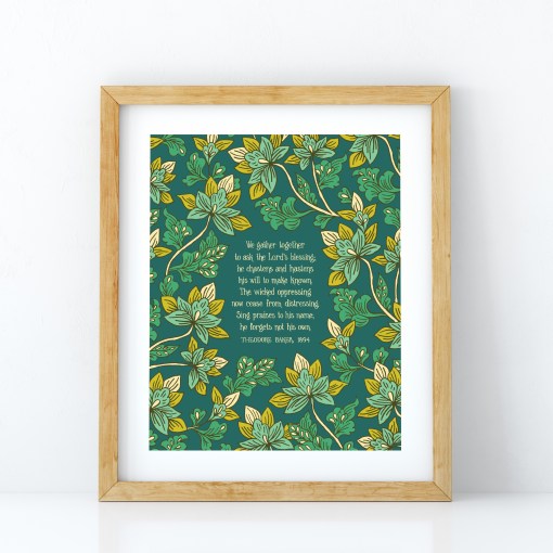 We Gather Together art print — a 8x10 hymn art print with bright green, blue and yellow florals in an oak frame