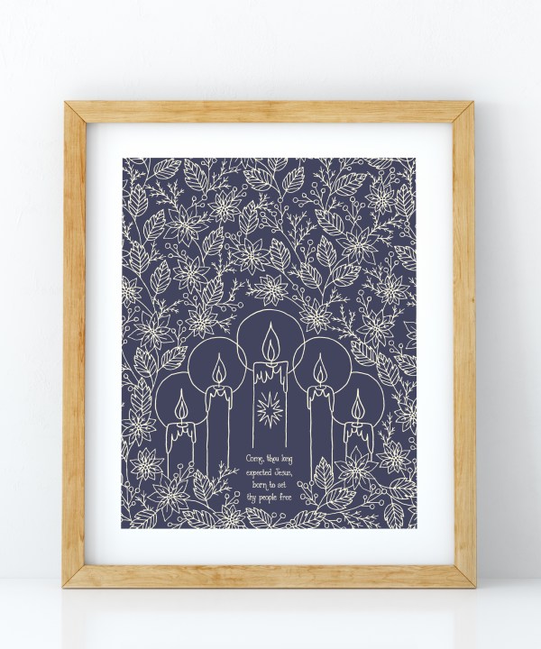 The Come Thou Long Expected Jesus advent art print surrounded by a festive poinsettia floral with five advent candles, against a midnight blue background, displayed here in a light wood frame.
