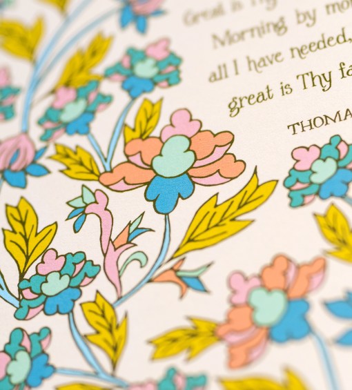 Hand illustration detail of Great Is Thy Faithfulness hymn art print features a delicate multi-colored floral against a cream background.
