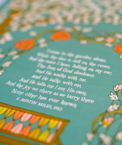 Detail of the text and illustration of In the Garden gospel song art print which features the song text surrounded by illustration of a beautiful garden setting against a teal background.
