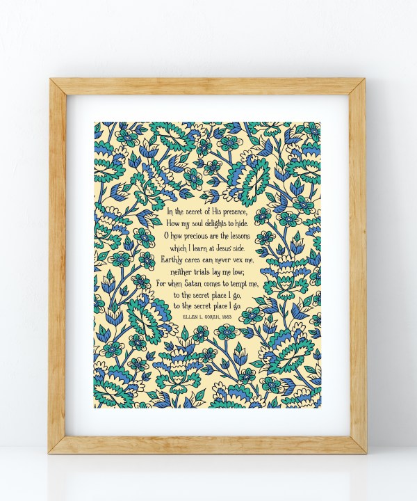 In the Secret of His Presence hymn art print, surrounded by a vibrant blue and aqua floral illustration, displayed in a light wood frame.