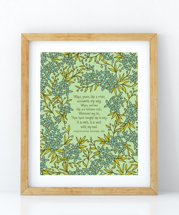 It Is Well hymn art print features a multi-colored floral with a mint green background, displayed in a light wood frame.