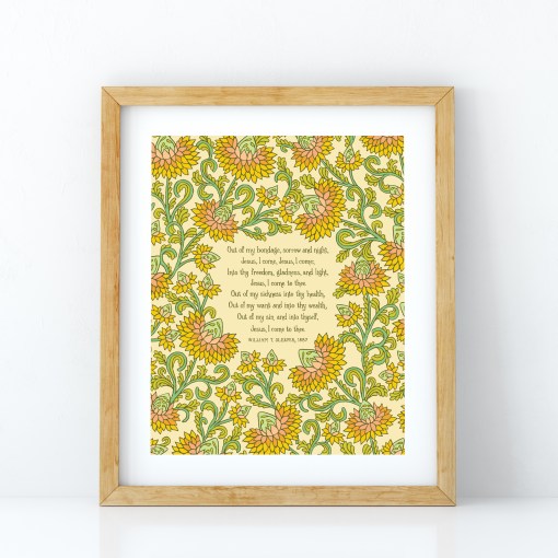 Jesus, I Come hymn art print. The cherished hymn, surrounded by a floral illustration featuring greens and oranges, with a cream background, displayed in a light wood frame.
