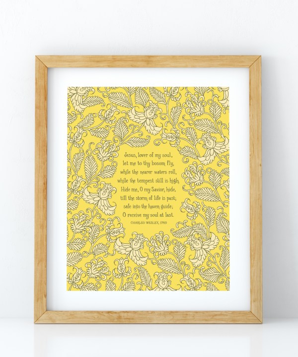 Jesus, Lover of My Soul hymn art print features a cream floral illustration against a yellow background, displayed in a light wood frame