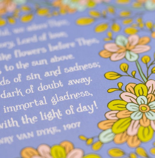 Text detail of Joyful, Joyful, We Adore Thee hymn art print features bold multi-colored floral against a blue lavender background