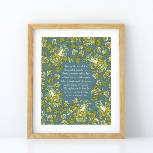 ake My Life, and Let It Be hymn art print features the text surrounded by a bold green, gold, and aquamarine floral with a teal background, displayed in a light wood frame.
