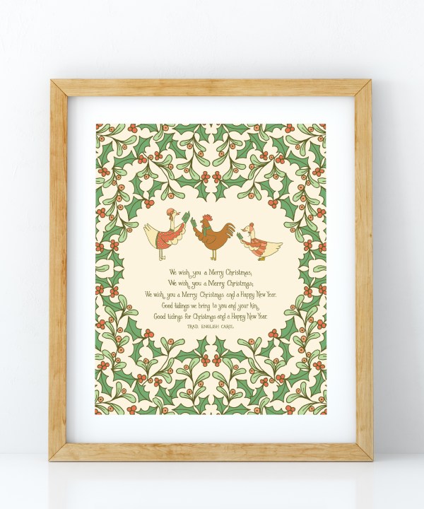We Wish You a Merry Christmas carol art print features illustration of lovely holly branches with festive animal carolers against a cream background, displayed in a light wood frame