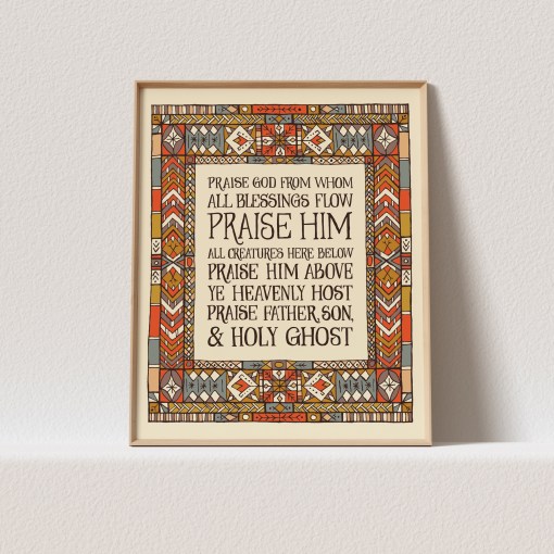 Offer words of praise and truth with this Doxology art print. The beloved hymn is framed by a colorful geometric border that ads dimension to any room. Shown here in a light gold frame against a white background.