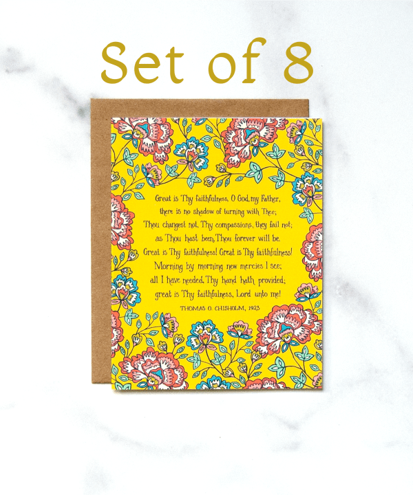 The Great is Thy Faithfulness greeting card features vibrantly colored floral design against a striking yellow background; displayed against a white background.