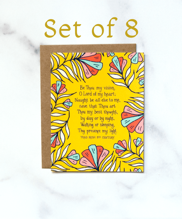 The "Be Thou My Vision" Greeting Card set of 8 features the much loved hymn framed by a bold floral in blues and corals with a deep yellow background.